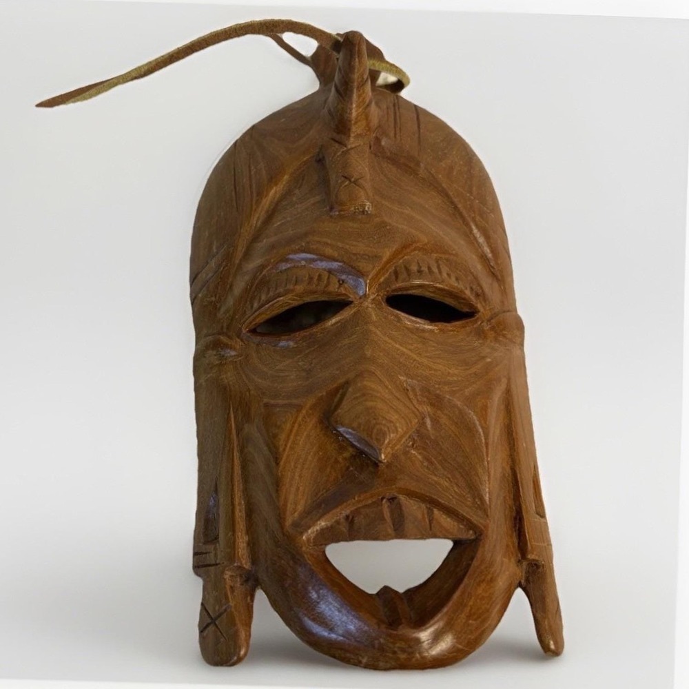 Hand Carved Wooden Tribal Mask Brown Polished Folk Art Wall Hanging Decor